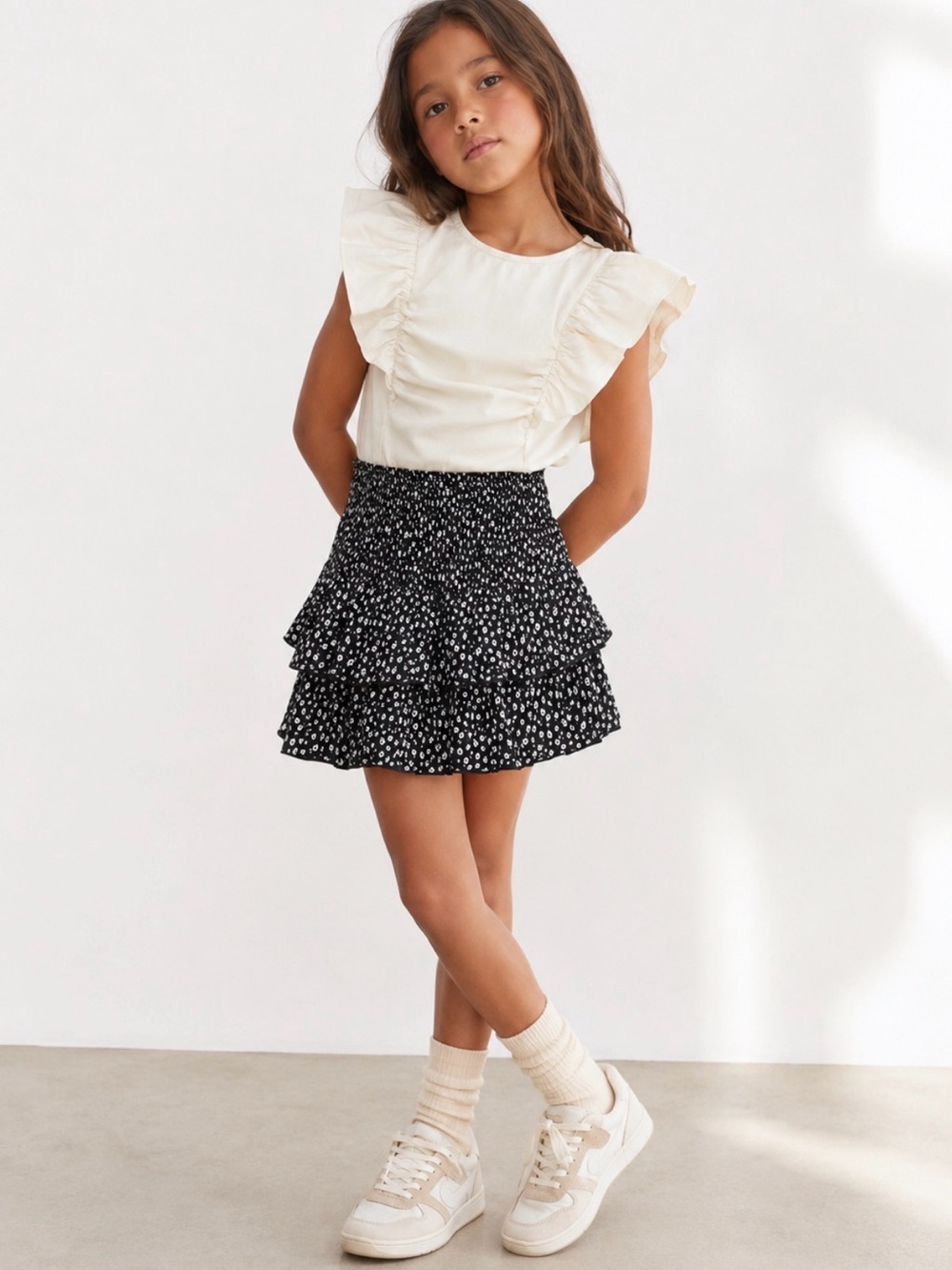 Zara Cream Ruffle Top with Black Floral Tiered Mini Set - Kids